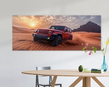 Red Jeep Wrangler at Sunset in the Dunes