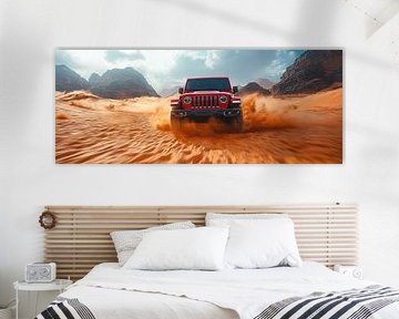 Red Jeep Wrangler at Sunset in the Dunes