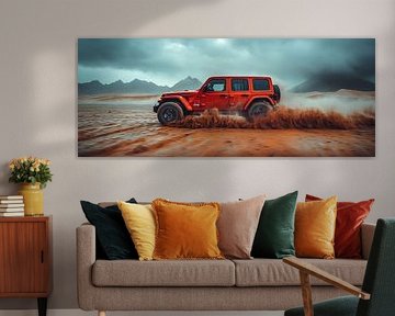 Red Jeep Wrangler at Sunset in the Dunes