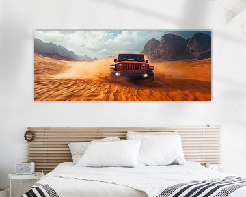 Red Jeep Wrangler at Sunset in the Dunes