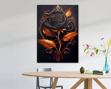 zwarte roos met gouden bladeren van nayyara art