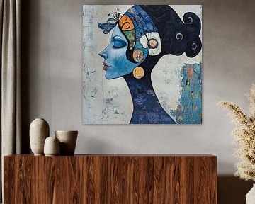 Vrouw met bloemen | Vrouw Blauw van Kunst Kriebels