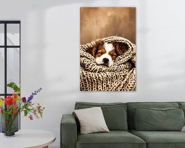 Sleeping puppy in knitted blanket