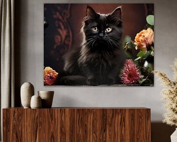 Cute Black Cat and Flowers