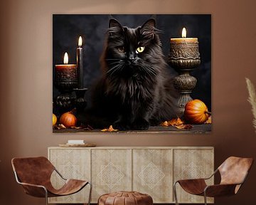 Cute Black Cat and Pumpkins by Erika Kaisersot