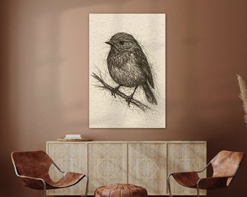 Draad portret roodborstje (vogelaar natuur vogel takje realistische tekening zwarte lijnen) van Natalie Bruns