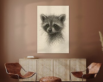 Draad portret baby wasbeer (speels lief zacht knuffeldier zwarte draadjes realistische tekening Canada wilde dieren )