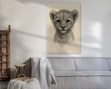 Draad portret jonge leeuw (babykamer welp dierenkunst zwart wit savanne natuurliefhebbers)