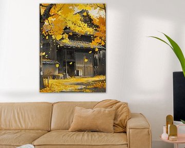 Autumn Japan ginkgo tree wooden house nature light shadow contrast