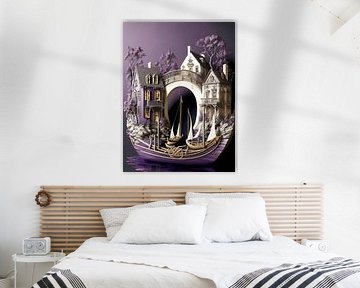 Miniature town paper white black purple houses boats bridge trees