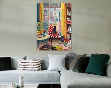 Cat in front of window in New York bright colours by Caroline Bonne Müller