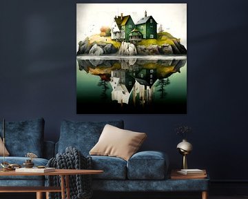 coastal landscape island houses birds surreal maritime reflection