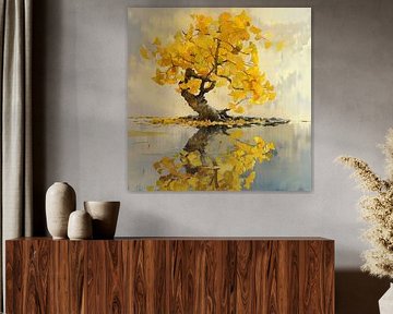 landscape ginkgo tree island water reflection