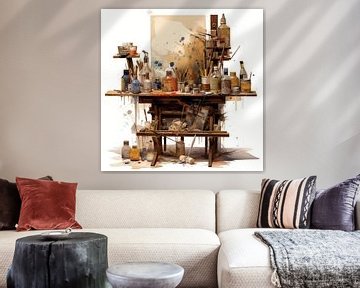 Werkplaats schilder chaos ezel kleuren potten glazen penselen schetsen van gm_designs