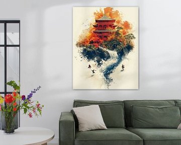 Red Pagoda on Island with Waterfall