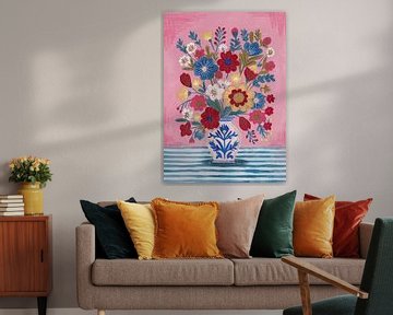 Stilleven Delfts Blauw Vaas Boeket Felle kleuren van Caroline Bonne Müller