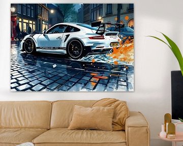 Der Porsche 911 GT3 RS mit weißen und schwarzen Streifen beim Driften 2