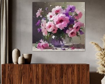 A still life full bouquet of pink purple expression peonies in vase. by J.a Dijkstra