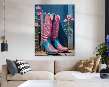 Een paar retro cowboy laarzen in bloemen motief. van J.a Dijkstra