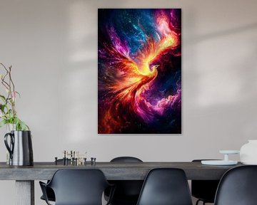 Fiery phoenix in colourful sky by Imperial Art House