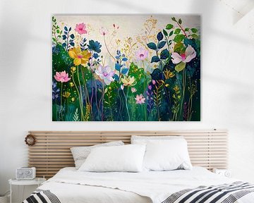 Peinture estivale abstraite d'une bordure de fleurs sur Studio Pieternel