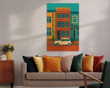 Illustratie van Oude Straat met Renault 4 en Lantaarnpaal – Vintage Wanddecoratie van Studio Ajuut