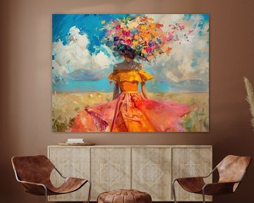 Bloemenvrouw | Hidden Gaze Among Floral Hues van Abstract Schilderij