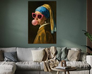 Girl with retro-style pearl earring and chewing gum