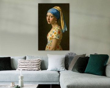 Fillette avec boucle d'oreille en perle et foulard bleu sur Poster Art Shop