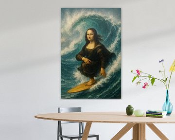 Mona Lisa op de surfplank in de golf van Poster Art Shop