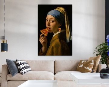 Meisje met pizza en parel van Poster Art Shop