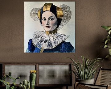Vrouwenportret met goud kanten hoofdtooi van Vlindertuin-Art