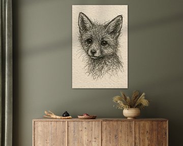 Draad portret jonge vos (babykamer tekening schets line art schattig lief bos dier neutrale kleuren)