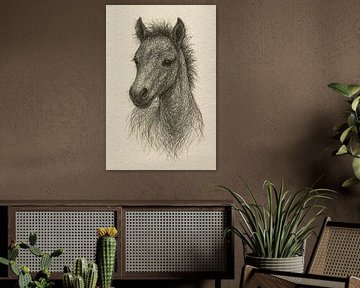 Draad portret veulentje (lief schattig baby paard boerderij dieren babykamer tekening zachte rustige kleuren)