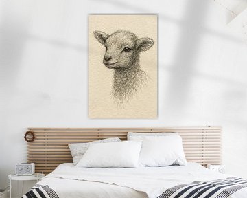 Draad portret lammetje (lente zacht schattig lief jong schaapje wol babykamer sepia lijntekening  Boho stijl)