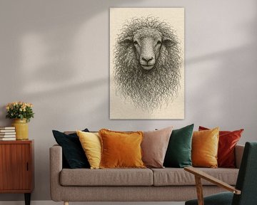 Draad portret moeder schaap (karakteristieke kop wol boerderij dier papier tekening rustige kleuren beige Boho)