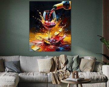 Rotwein im Strom des Genusses: Ein Weinglas zwischen flüssigem Gold, rubinroten Spritzern und der Würde des Augenblicks von AidasignArt