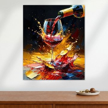 Le vin rouge dans le flux du plaisir : un verre à vin entre l'or liquide, les éclaboussures rubis et la dignité du moment sur AidasignArt