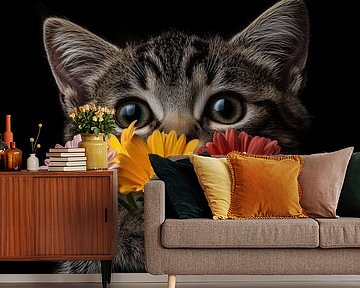 Modest cat with colourful floral panorama