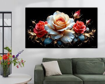 Drie rozen in dialoog - een boeket van passie, zuiverheid en gouden stilte in een samenspel van kleur, vorm en vergankelijkheid van AidasignArt
