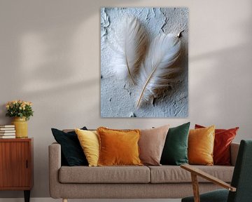 Twee veren op ruwe muur van Vlindertuin-Art