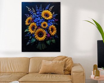Bouquet vibrant de tournesols et de delphiniums bleus