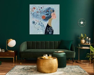 Woman with Flower | Woman with Blue Hair and Flowers by Art Whims
