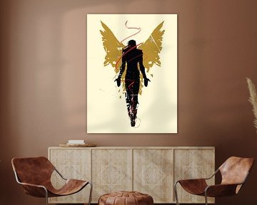 Abstract Angel Wall Art with Golden Wings – Modern Inspirational Silhouette Print by Ramy Salah Hefny