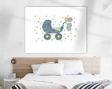 Digital art in the style of pointillism CHILD'S CARRIER WITH BALLONS in the colours blue, green red and yellow by Studio Spanjersberg