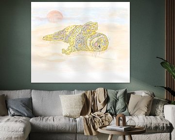 Art numérique dans le style pointillisme SEA DOG ROLLING ON THE BEACH dans les couleurs jaune, gris, beige et rose sur Studio Spanjersberg