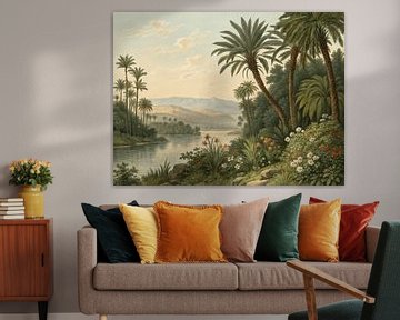 Oase-landschap met palmbomen en rivier van Artistic