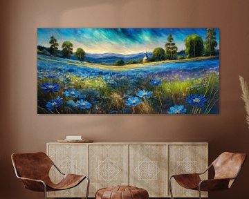 Magnifique panorama d'un vaste champ de fleurs bleues aux couleurs éclatantes sur Patricia Hofmeester
