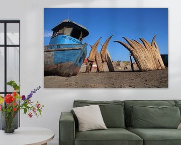 Chiclayo beach with reed fishing boats by Gerrit van Oostveen