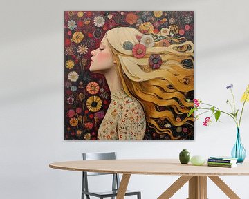 Blonde Vrouw Kleurrijke Bloemen van Blikvanger Schilderijen